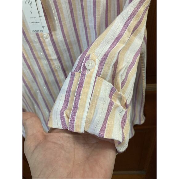 Chicos Women’s Linen Blouse Sz 1 10 New Roll Tab Metallic 3/4 Sleeve No Iron $99 - Picture 3 of 7